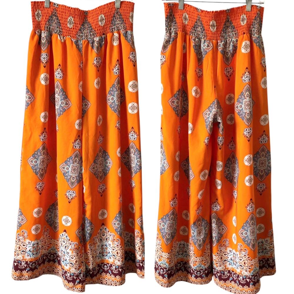 SIENNA SKY Bright Orange Bohemian Printed Wide Leg Flowy Pants Size XL Lined